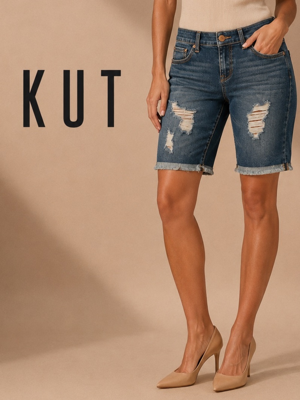 KUT from the Kloth Distressed Bermuda Denim Shorts Women's Size 4 NWT